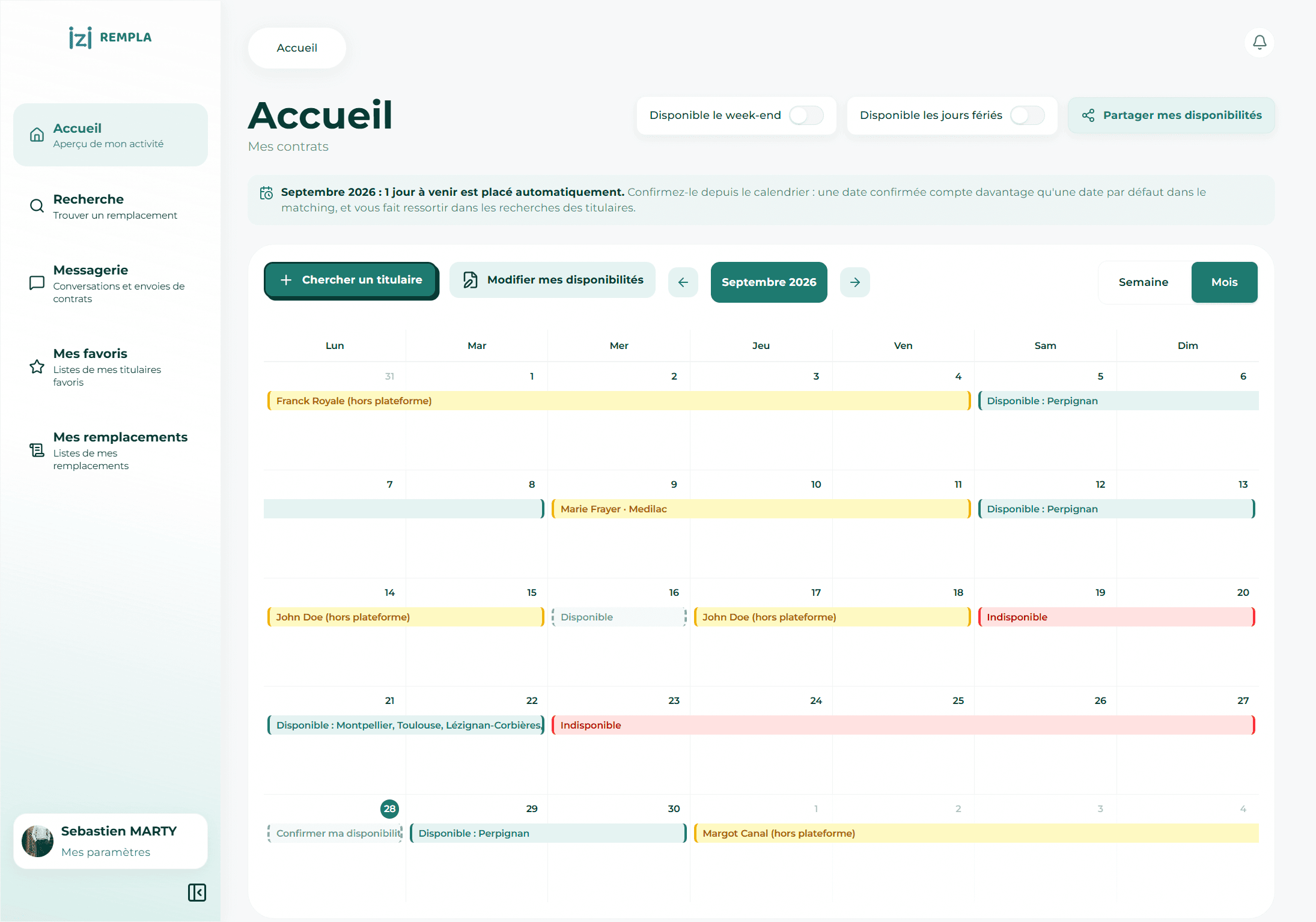 Aperçu du tableau de bord IZI Rempla : calendrier des disponibilités et des contrats